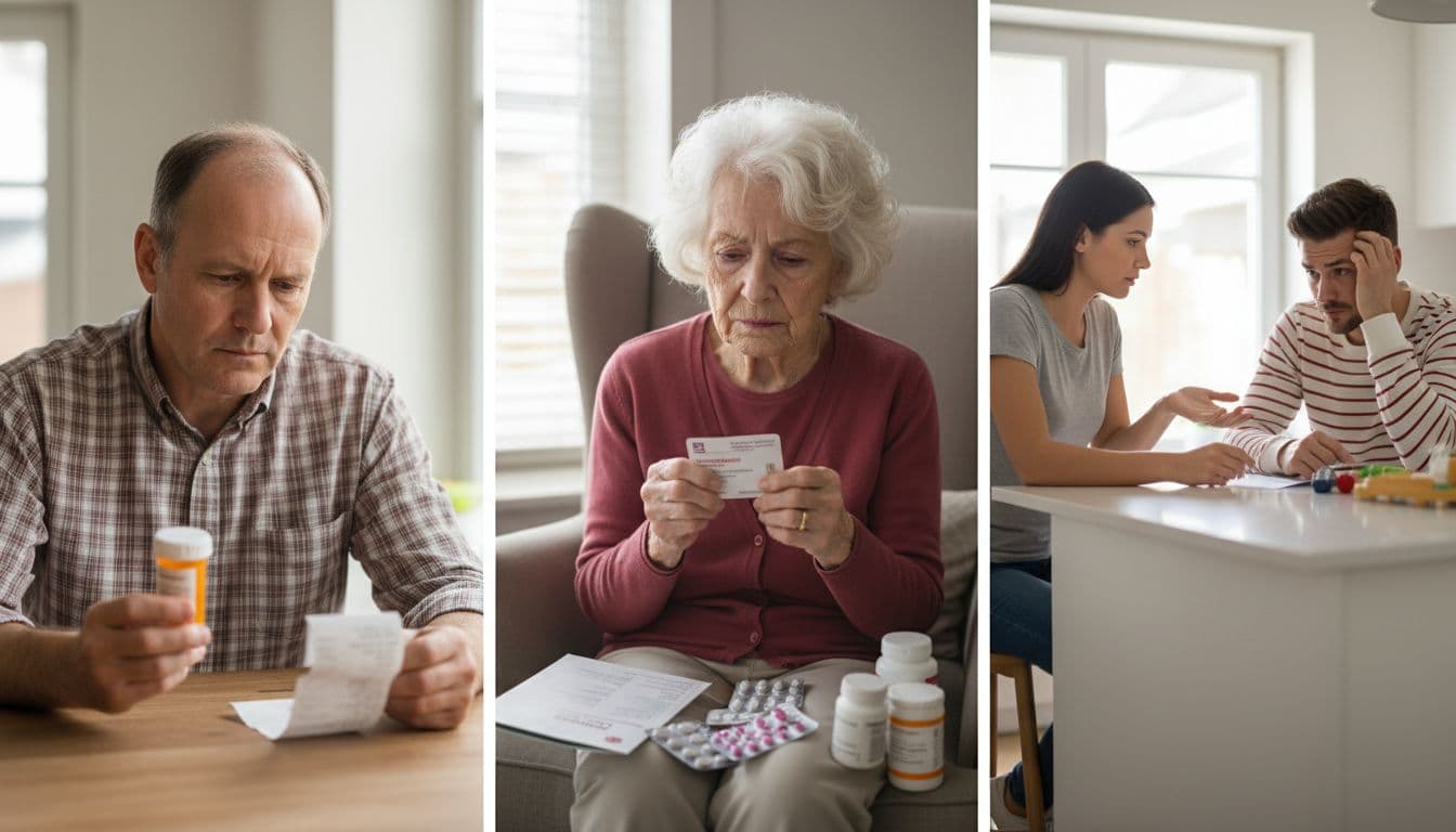 A diverse group of three worried patients in home settings: a middle-aged man holding a pill bottle and examining a bill, an elderly woman with cancer medications, and a young family discussing healthcare costs at the kitchen table, with empathetic expressions under natural daylight.