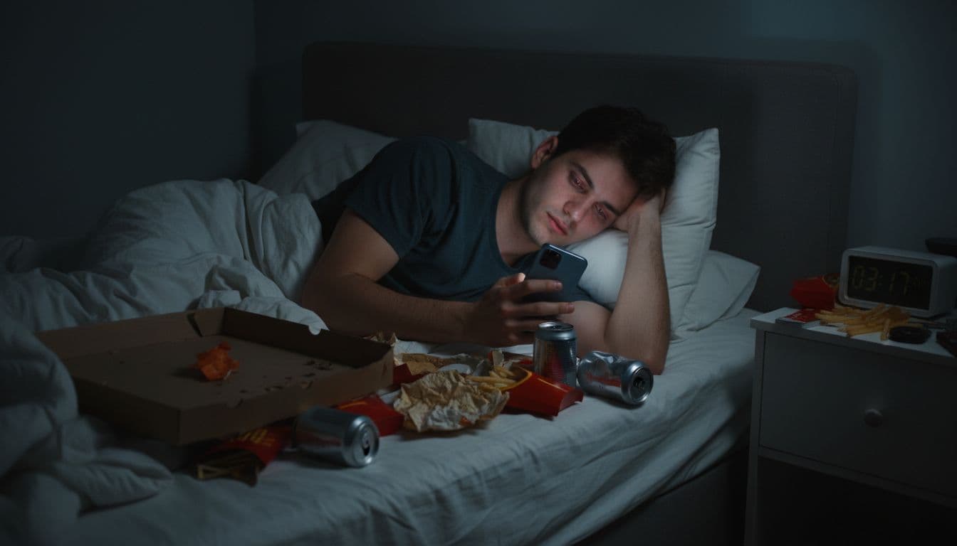 Un joven está acostado en una cama desordenada entre envases vacíos de comida rápida y latas de refresco, sosteniendo su smartphone con ojos cansados en una habitación oscura iluminada por la pantalla.