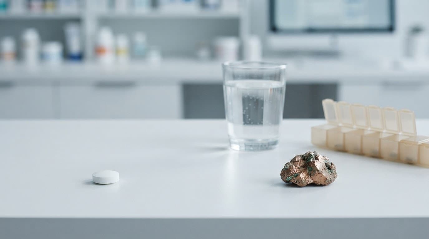 A zinc tablet, copper mineral sample, water glass, and pill organizer on a clean desk.