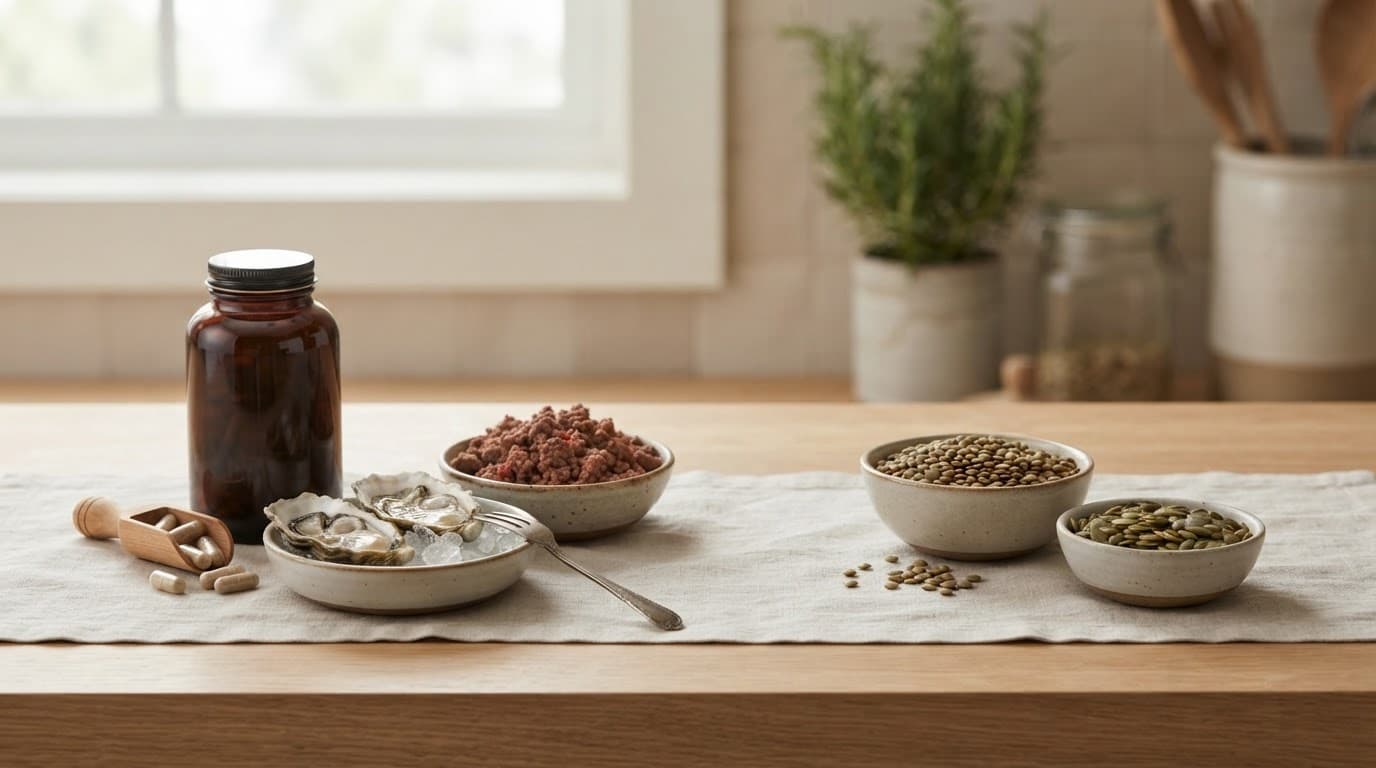 Oysters, beef, lentils, pumpkin seeds, capsules, and a spoon arranged on a kitchen counter.