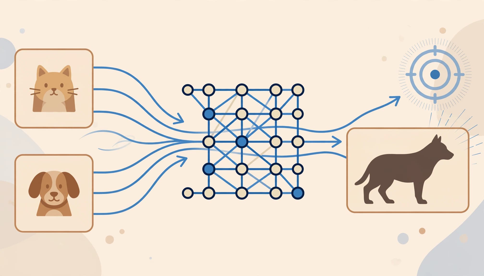An infographic showing cat and dog cards feeding into a neural network, leading to a dog silhouette and target.