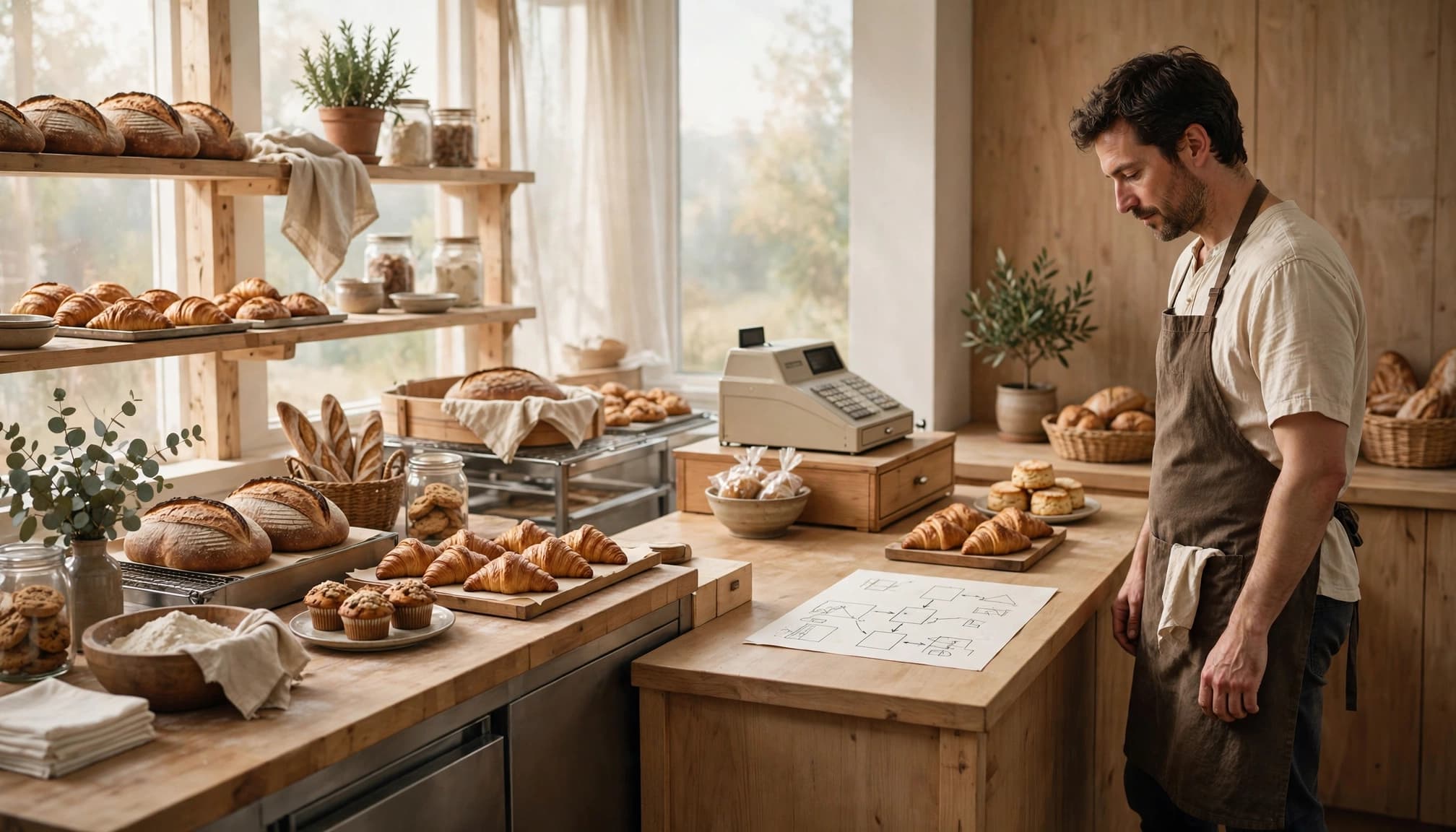A bakery owner in a brown apron looks down at a growth plan on the counter.