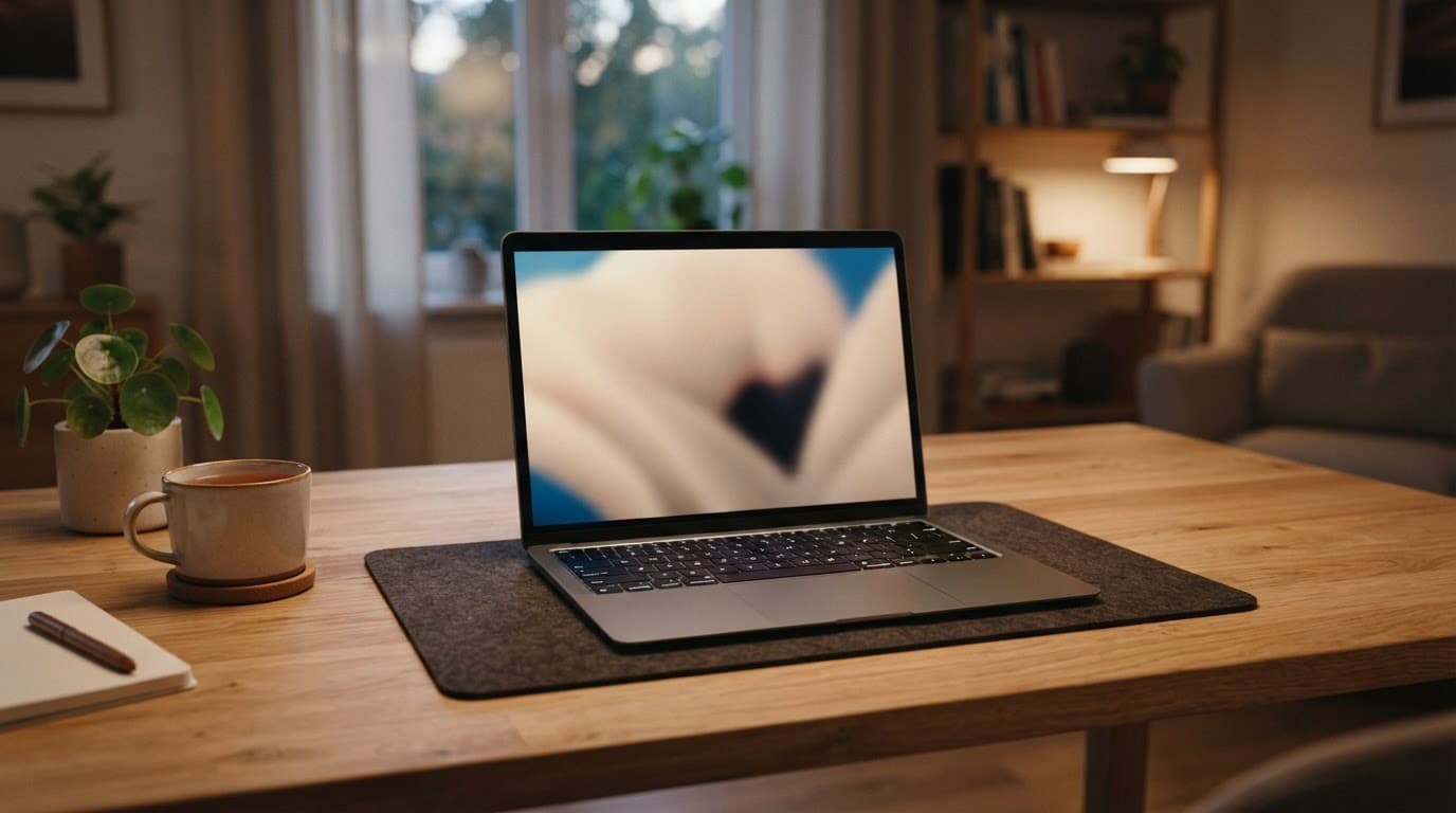 A laptop on a clean wooden desk in soft, warm lighting.