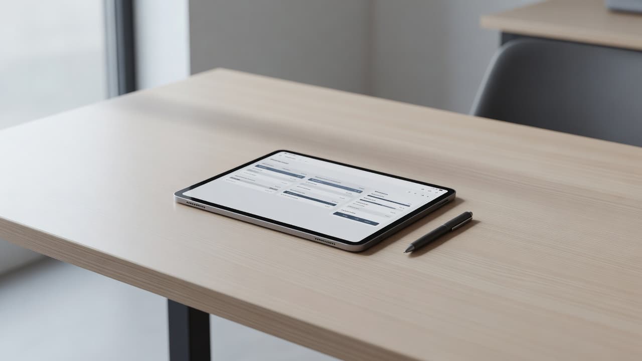 A single digital tablet rests on the center of a polished wooden desk under gentle sunlight. The clean surface creates a focused environment designed for managing efficient digital tracking and ticketing workflows.