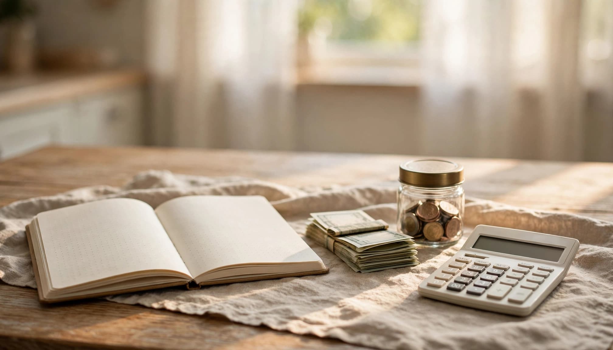 A budget notebook, bills, savings jar, and calculator on a sunny kitchen table.
