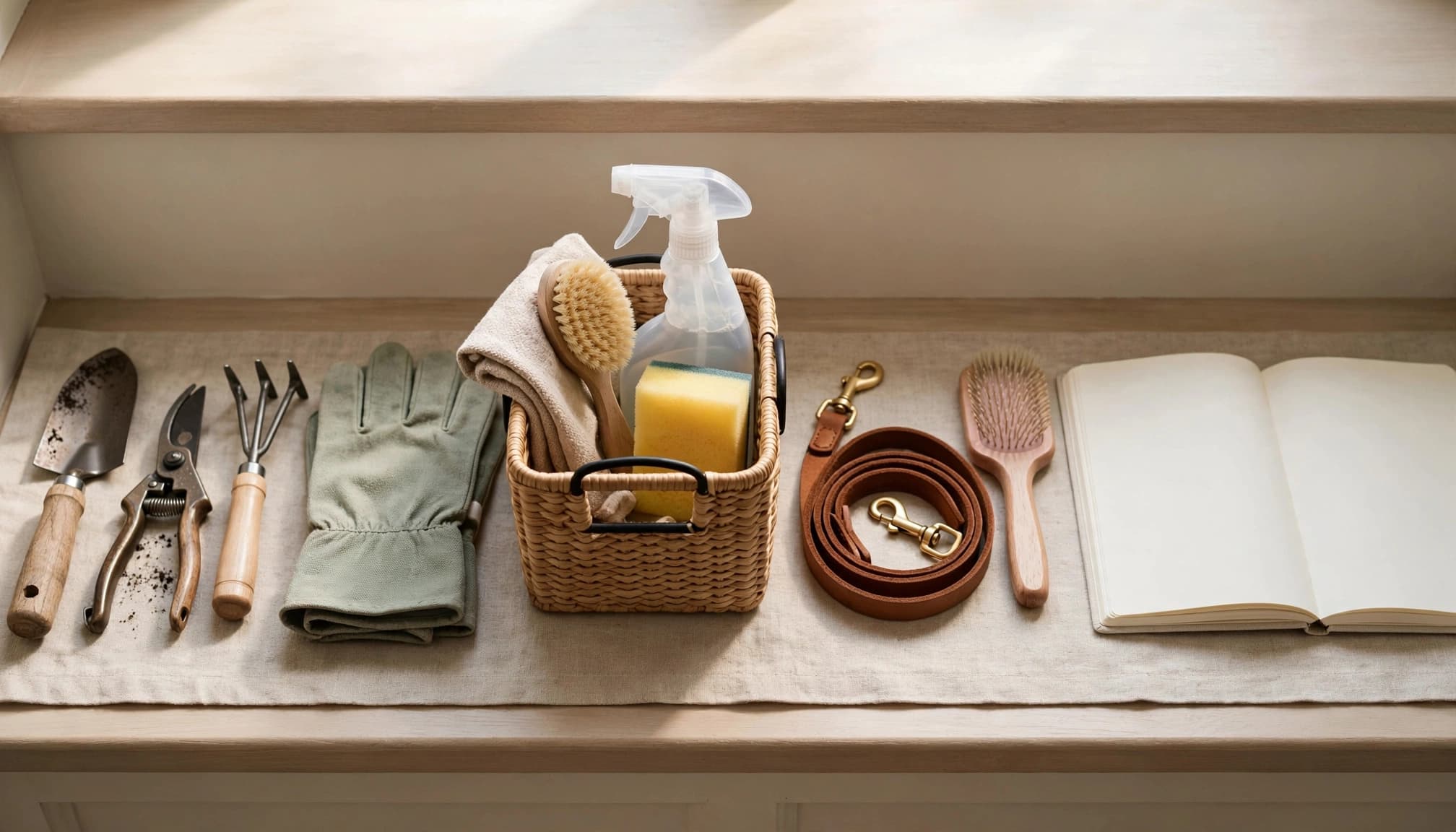 Gardening tools, pet supplies, a cleaning caddy, and a blank notebook sit on an entryway bench.