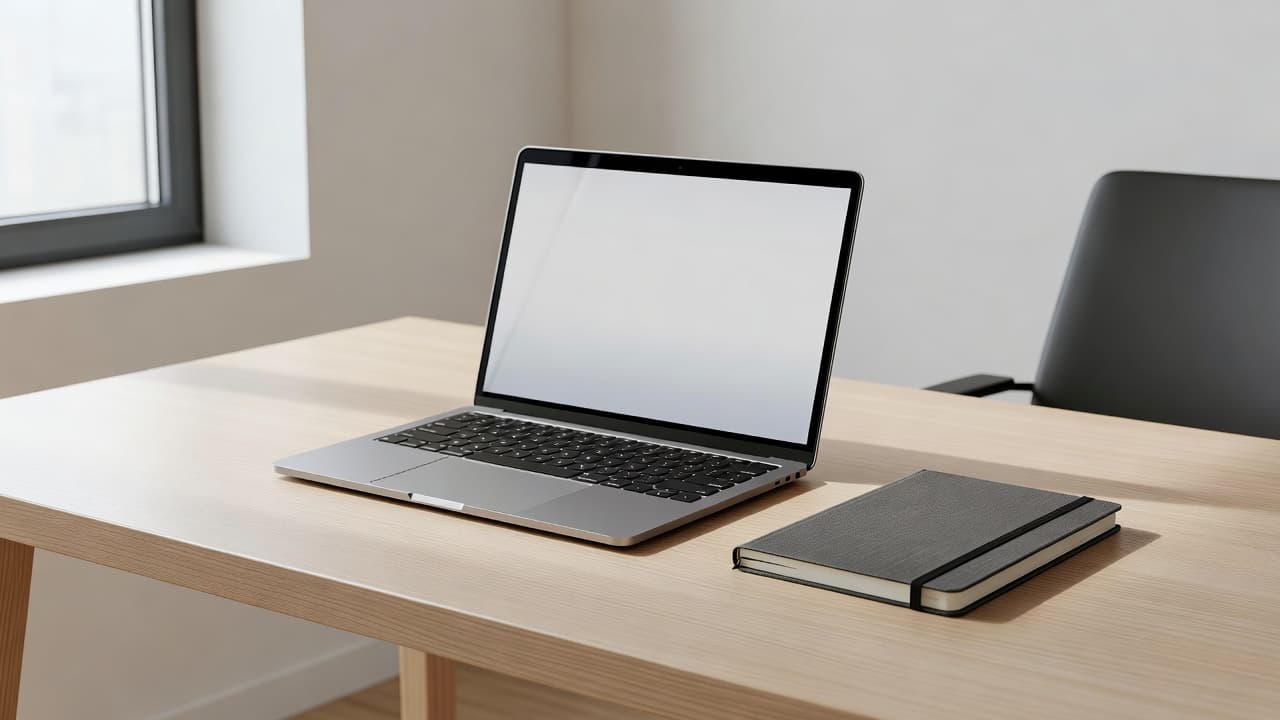 A sleek white desk sits beneath a sunlit window, featuring a slim silver laptop and a professional notebook. This organized setup creates a productive atmosphere for digital growth and online success.