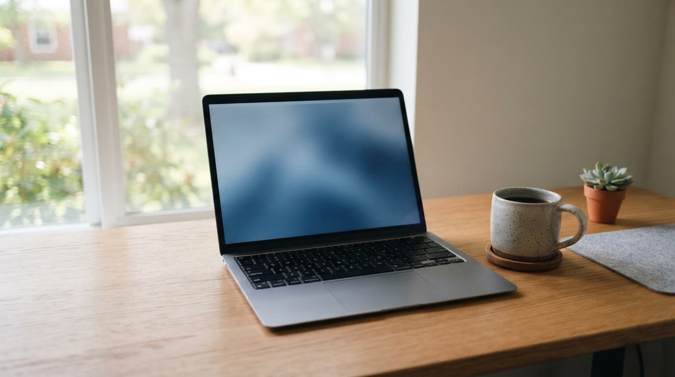 A laptop and coffee cup sit on a wooden desk near a bright window.