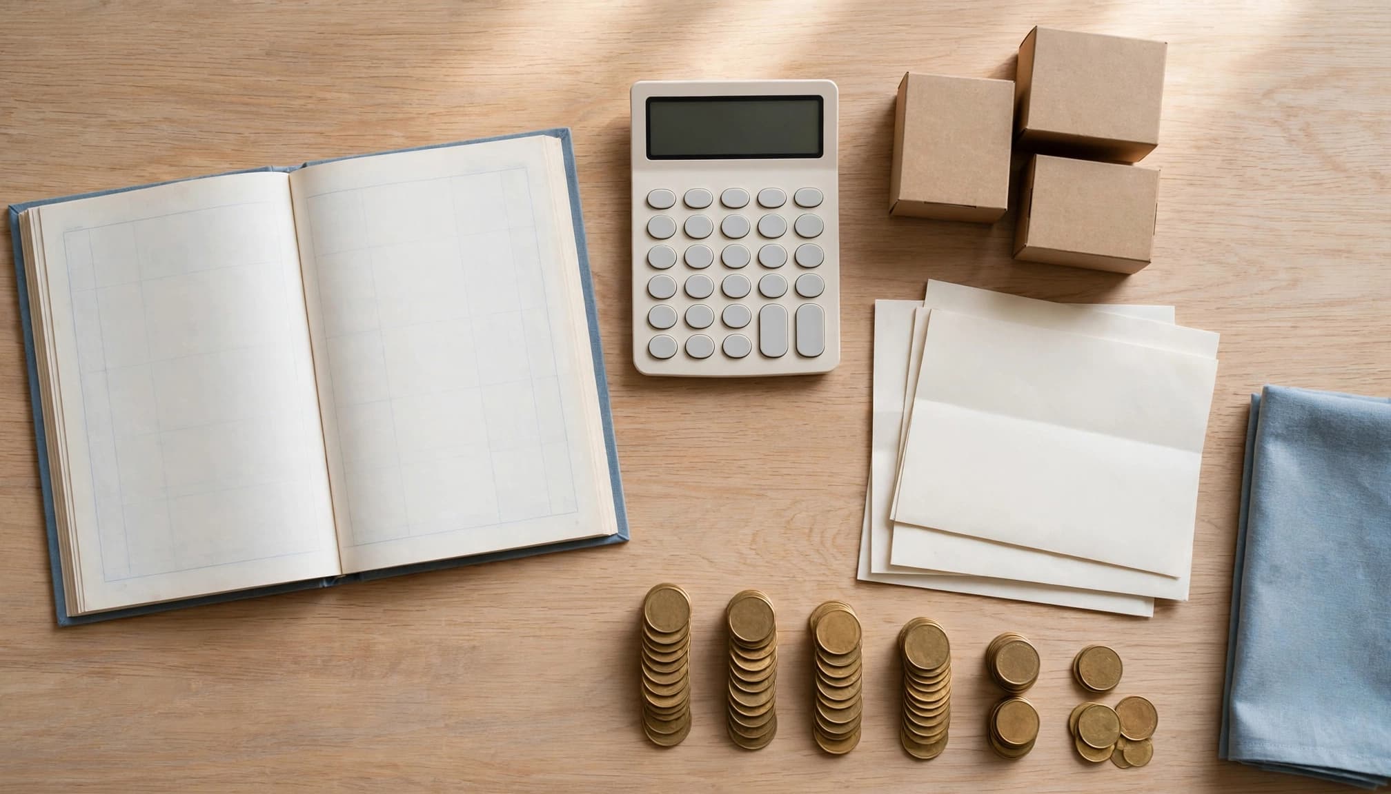 Overhead view of a ledger, calculator, product boxes, invoices, and stacks of coins on a wooden table.