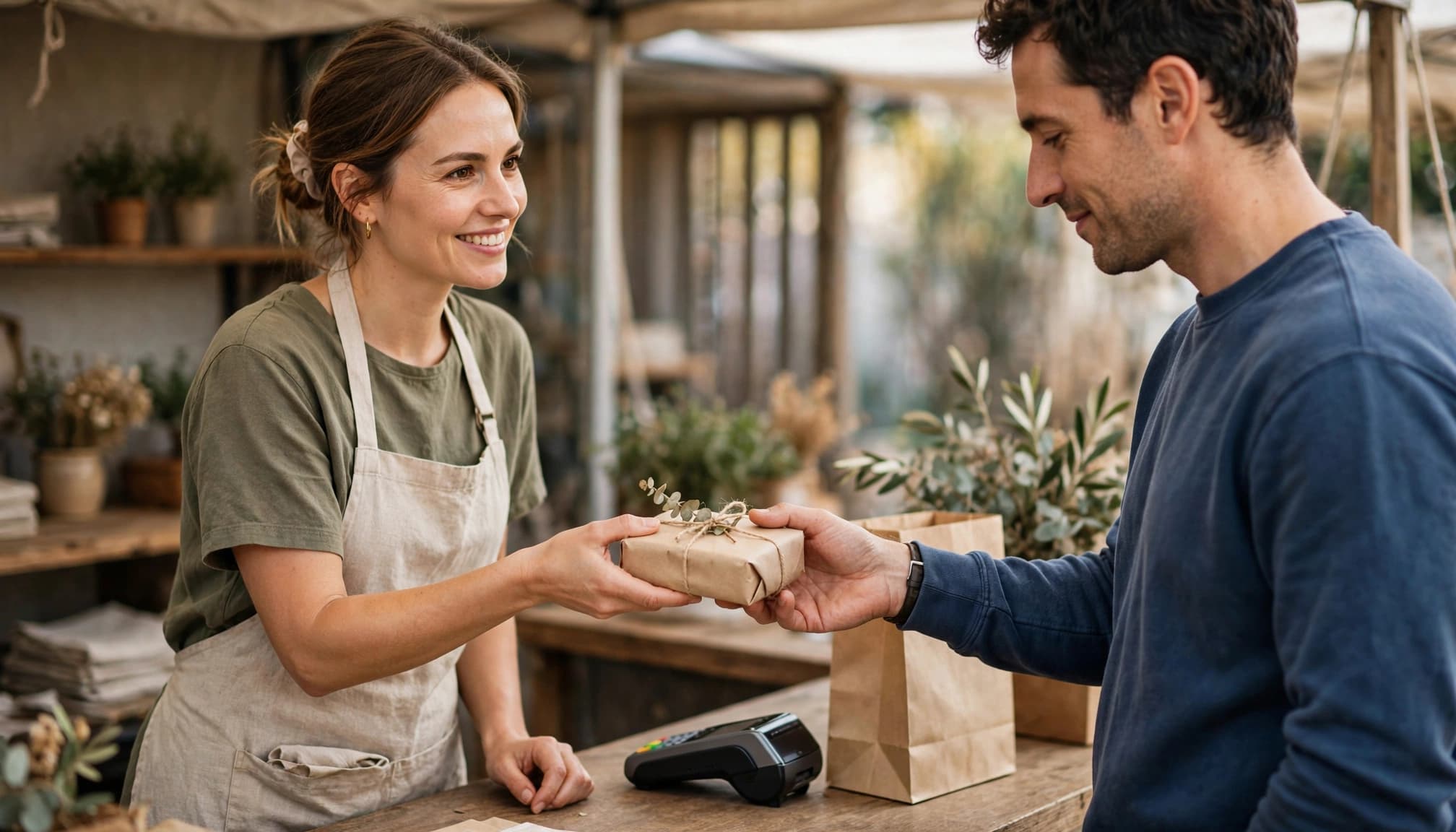 A shop owner hands a packaged order to a customer across a counter.