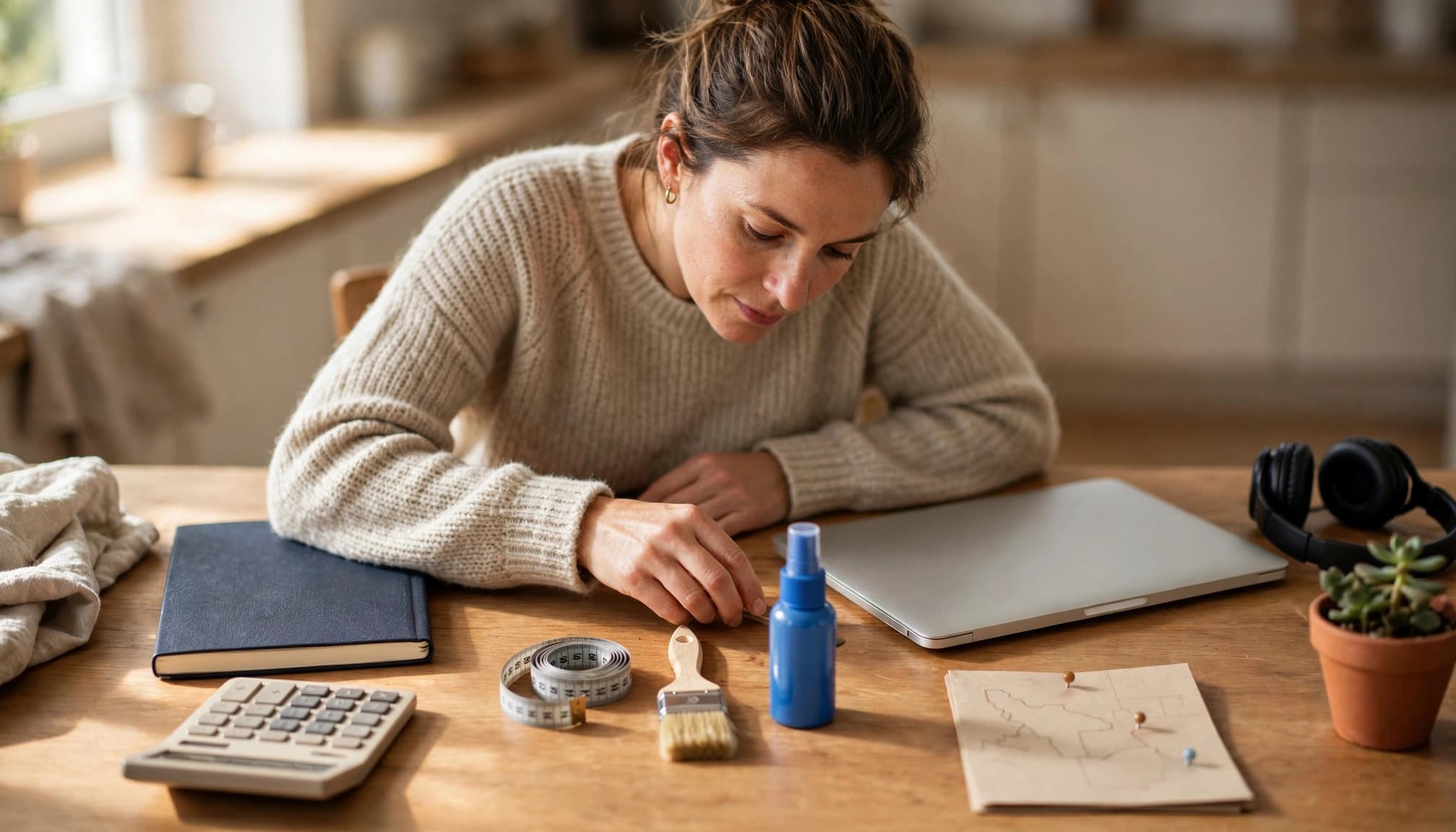 A business owner plans at a kitchen table with a calculator and simple work-related objects.