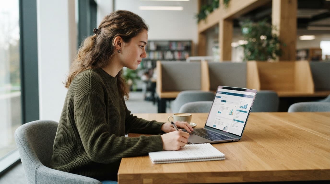 Student using a laptop at a wooden desk in a softly lit study space.