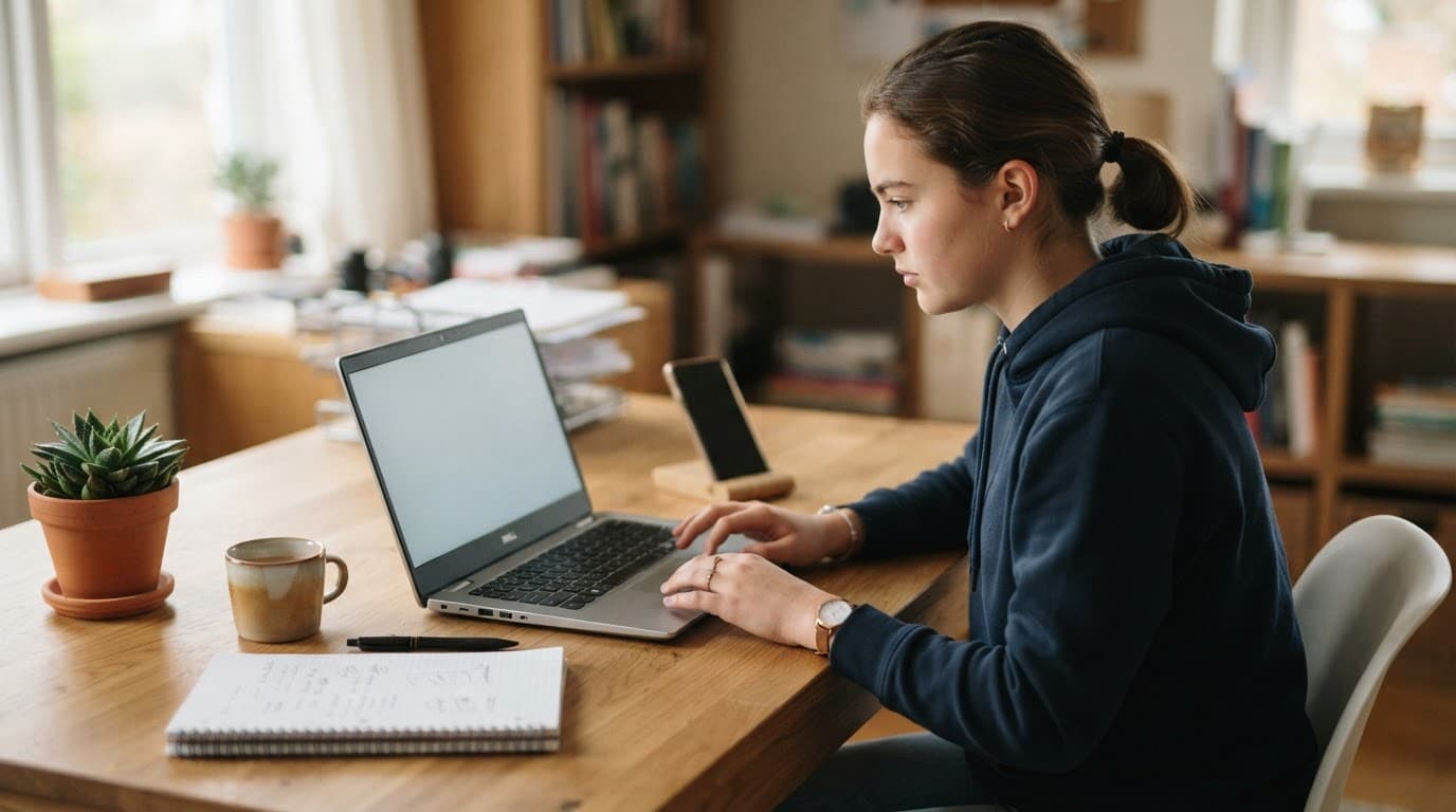 Student troubleshooting a laptop at a wooden desk.