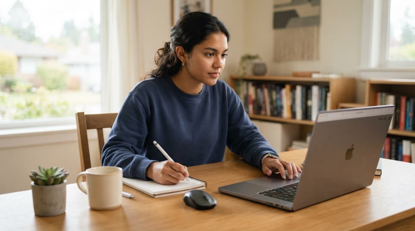 Student using a laptop at a tidy wooden desk in a bright room.