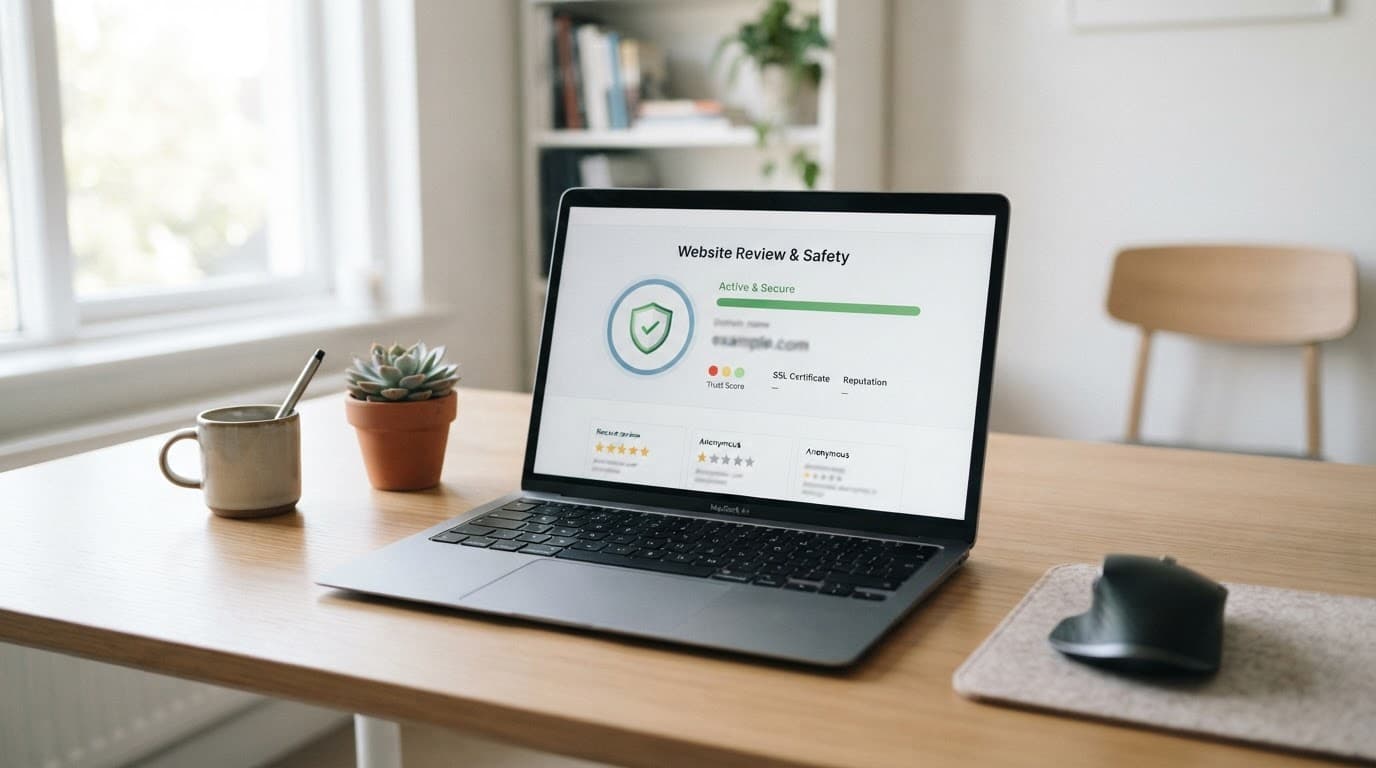 A laptop displays a website review interface on a tidy desk in a bright office.