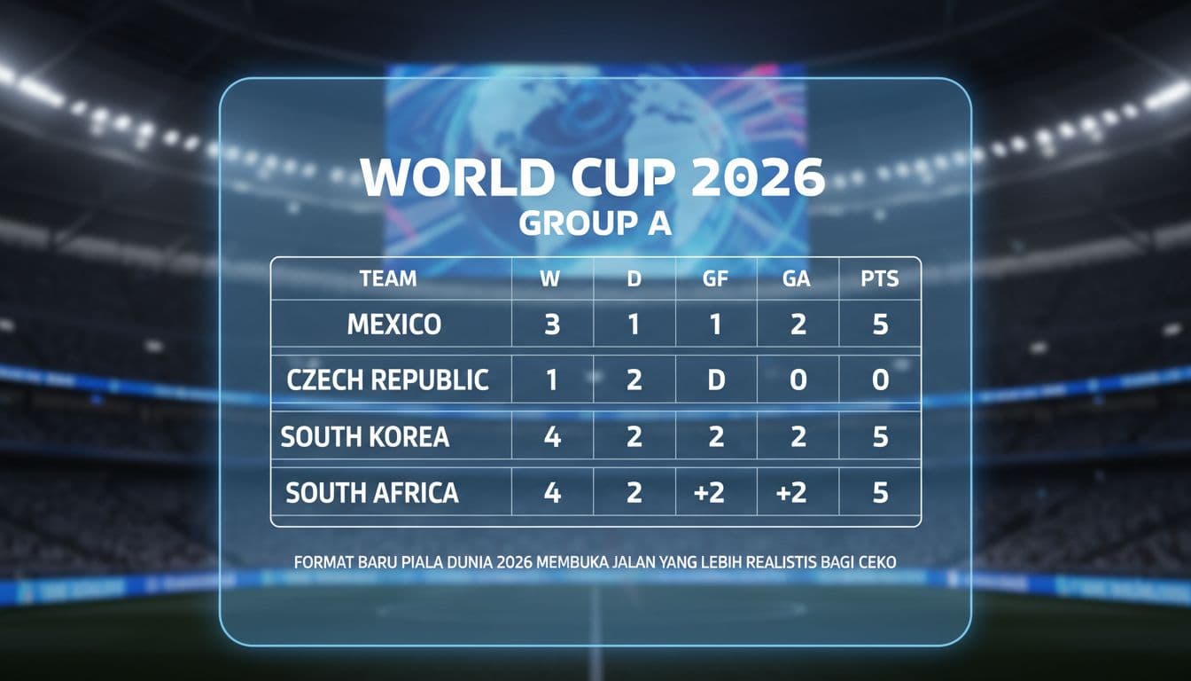 Clean infographic graphic showing balanced group stage standings for Group A in the 2026 World Cup with Mexico, Czech Republic, South Korea, and South Africa on a digital screen background.