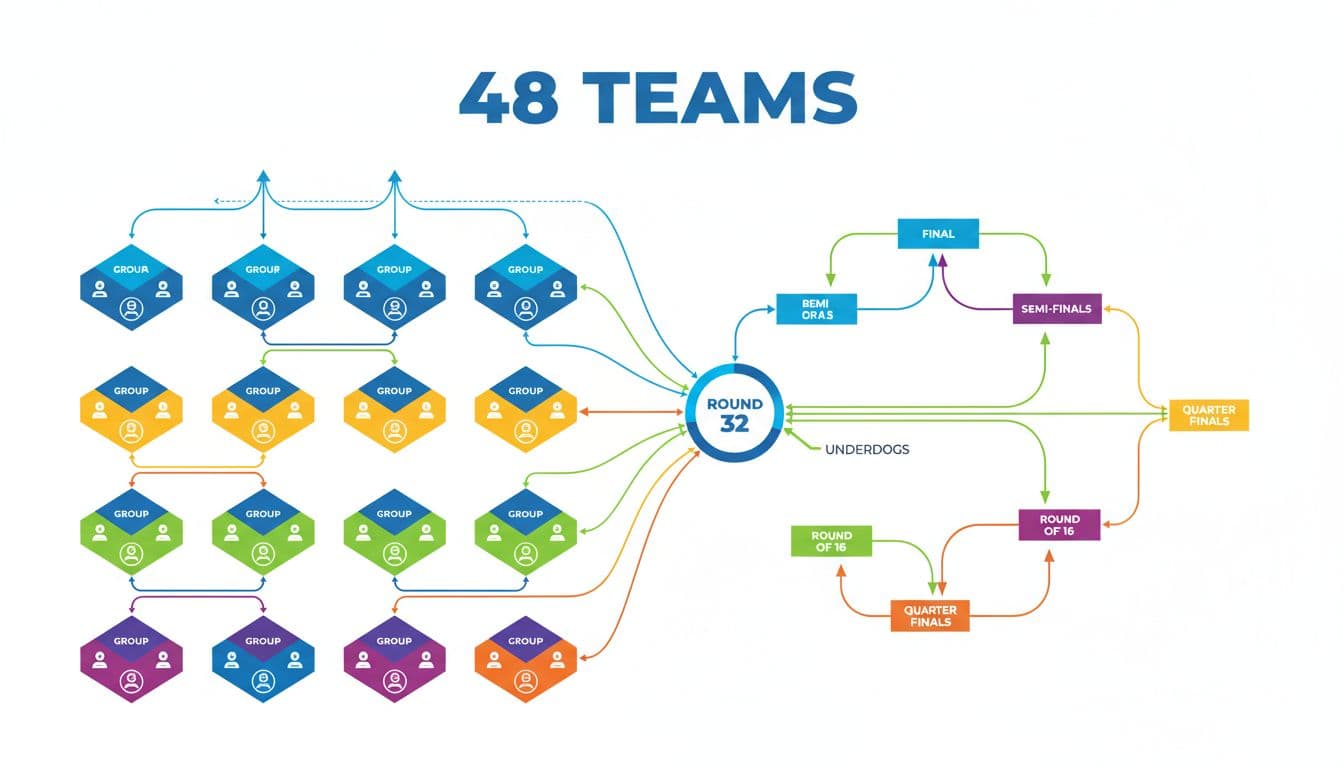 Infographic illustration of the expanded 48-team World Cup format, featuring more group stage matches and knockout paths for underdogs like Slovakia. Simple diagram with groups, advancement arrows, clean modern design, vibrant colors, and minimal text.