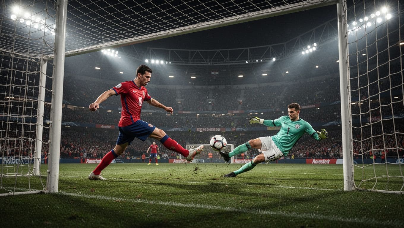 A. Perez calmly kicks penalty in box as Mallorca goalkeeper dives under stadium floodlights.