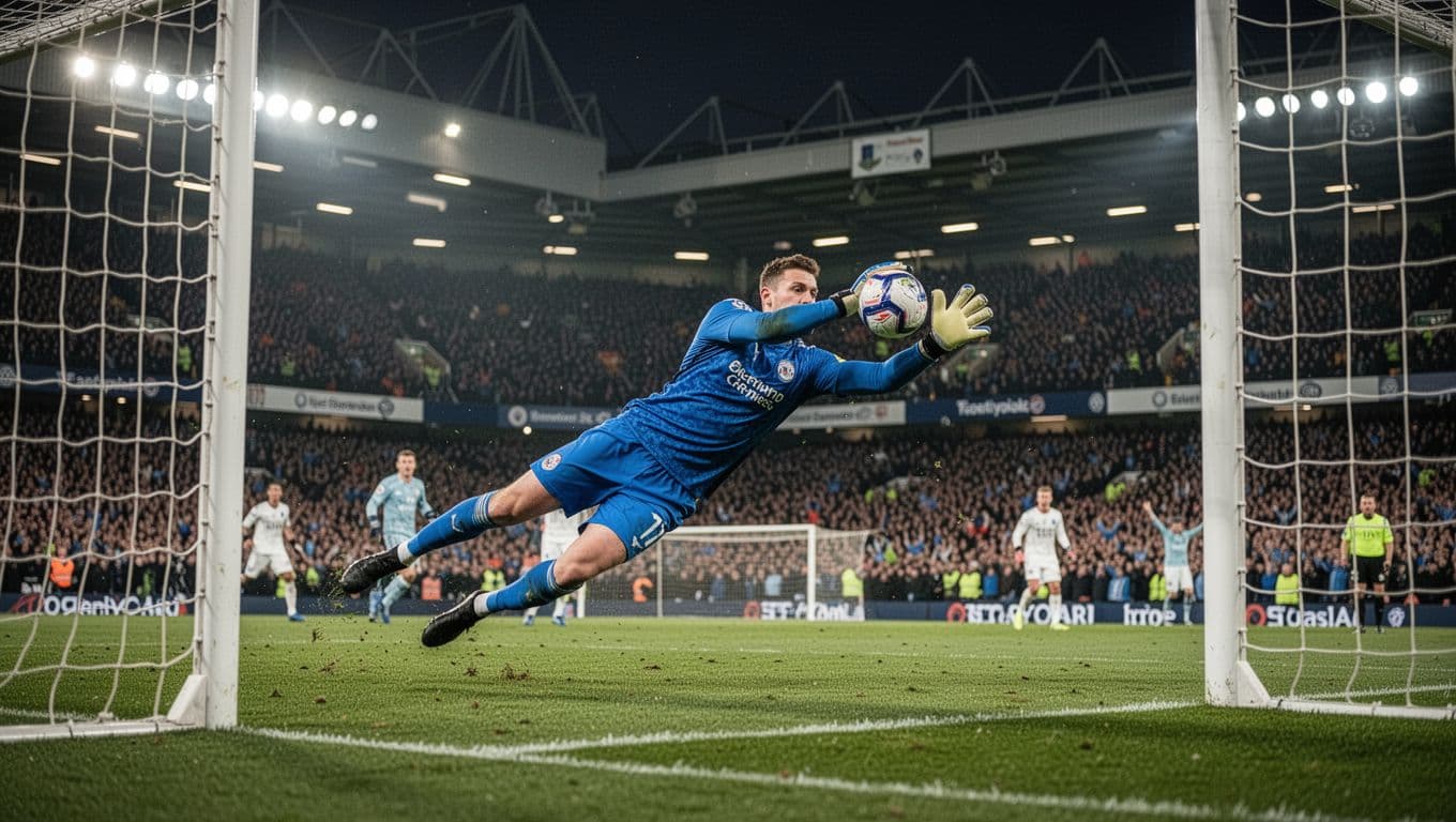 Aarón Escandell in blue jersey dives to save ball in La Liga match at Estadio Carlos Tartiere with evening lights and cheering crowd.