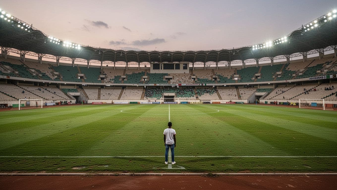 Abidjan stadium at dusk with green football field, empty stands, and lone coach.
