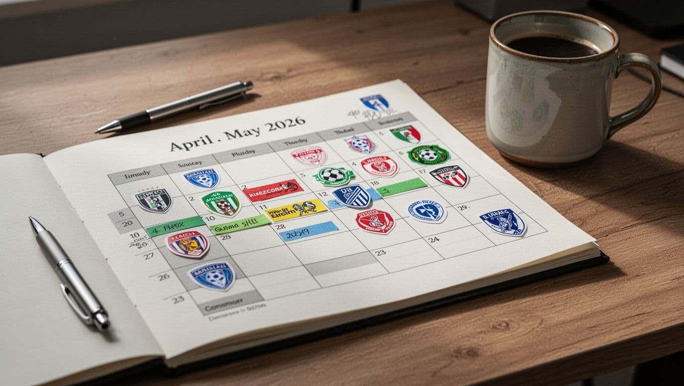 Printed soccer calendar on wooden desk highlights Olympique Sport d'Abobo matches, pen and coffee mug beside it.