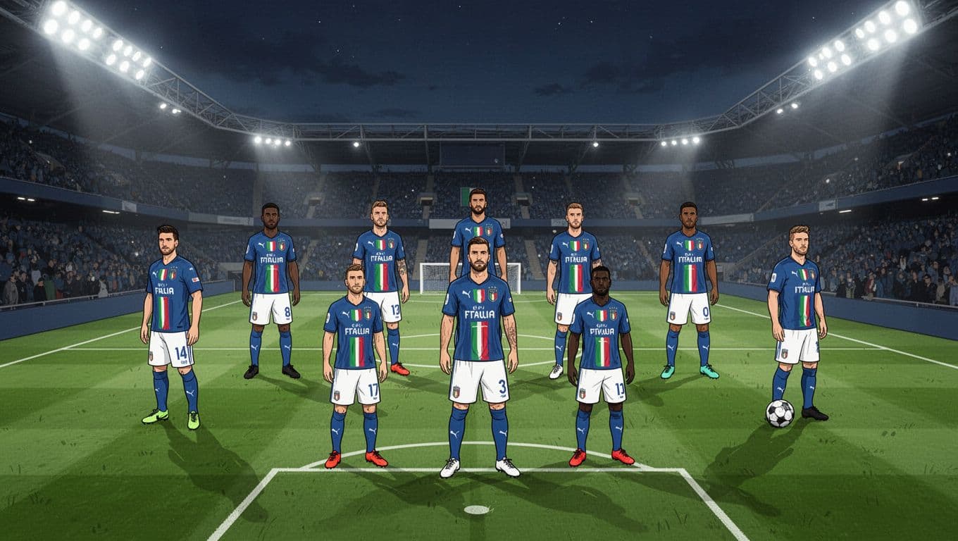 Simple infographic diagram of AC Milan 3-5-2 formation on green San Siro field at night under bright stadium lights.