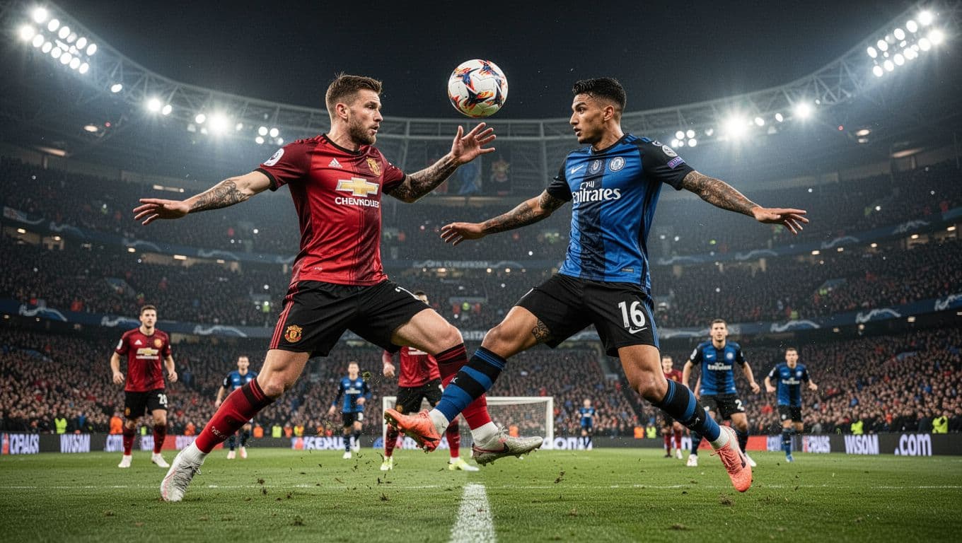 Red-black AC Milan and blue-black Atalanta players jump for the ball in San Siro midfield at night.