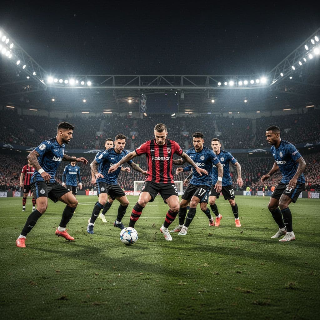 Night stadium soccer scene with AC Milan in red-black stripes attacking, midfielder with ball surrounded by compact blue-black Atalanta defenders.