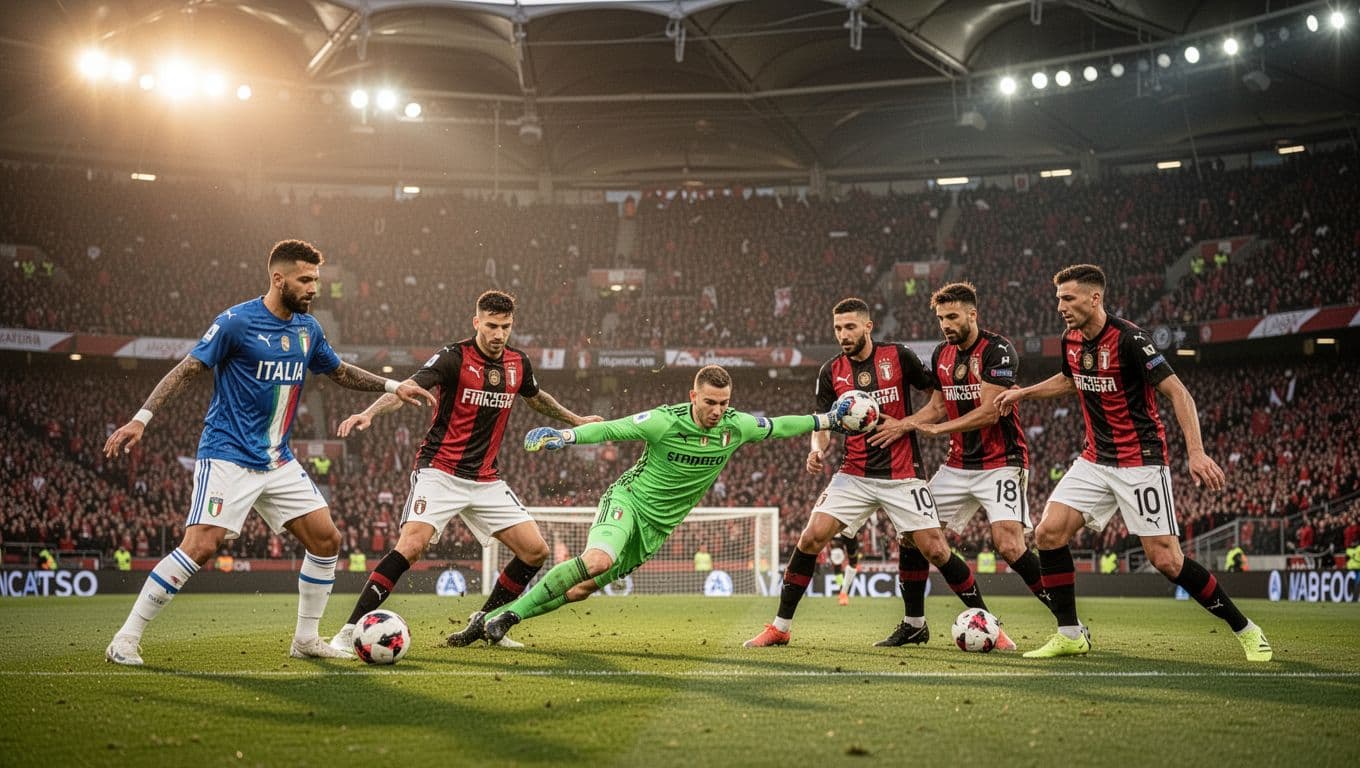Mike Maignan saves shot as Theo Hernandez and defenders block in Serie A match at San Siro.