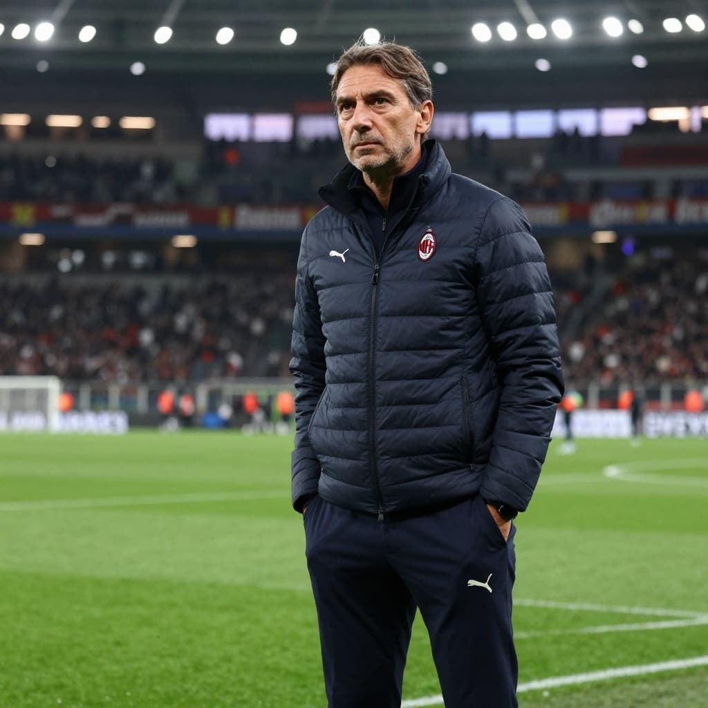 A serious football manager stands on the pitch sidelines during a night match at a stadium.