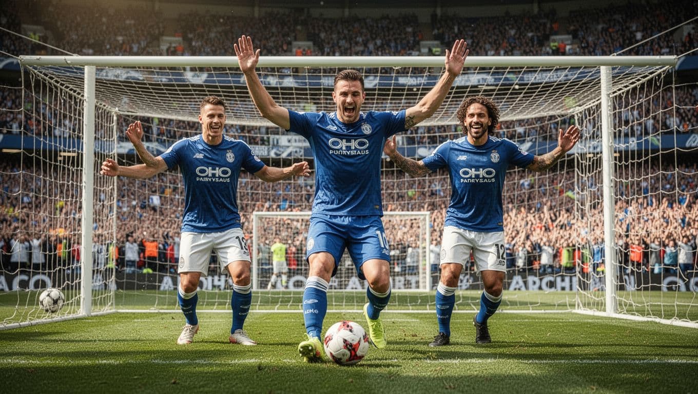 Adam Alis in Persib jersey celebrates scoring with arms raised, two teammates nearby, stadium fans behind.