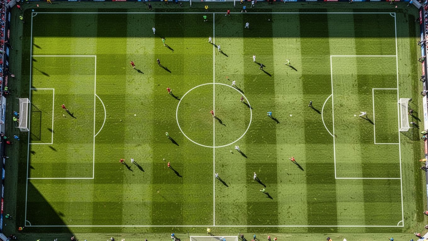 A high-angle view of a pristine, freshly mowed football field with bright green grass and clear white lines.