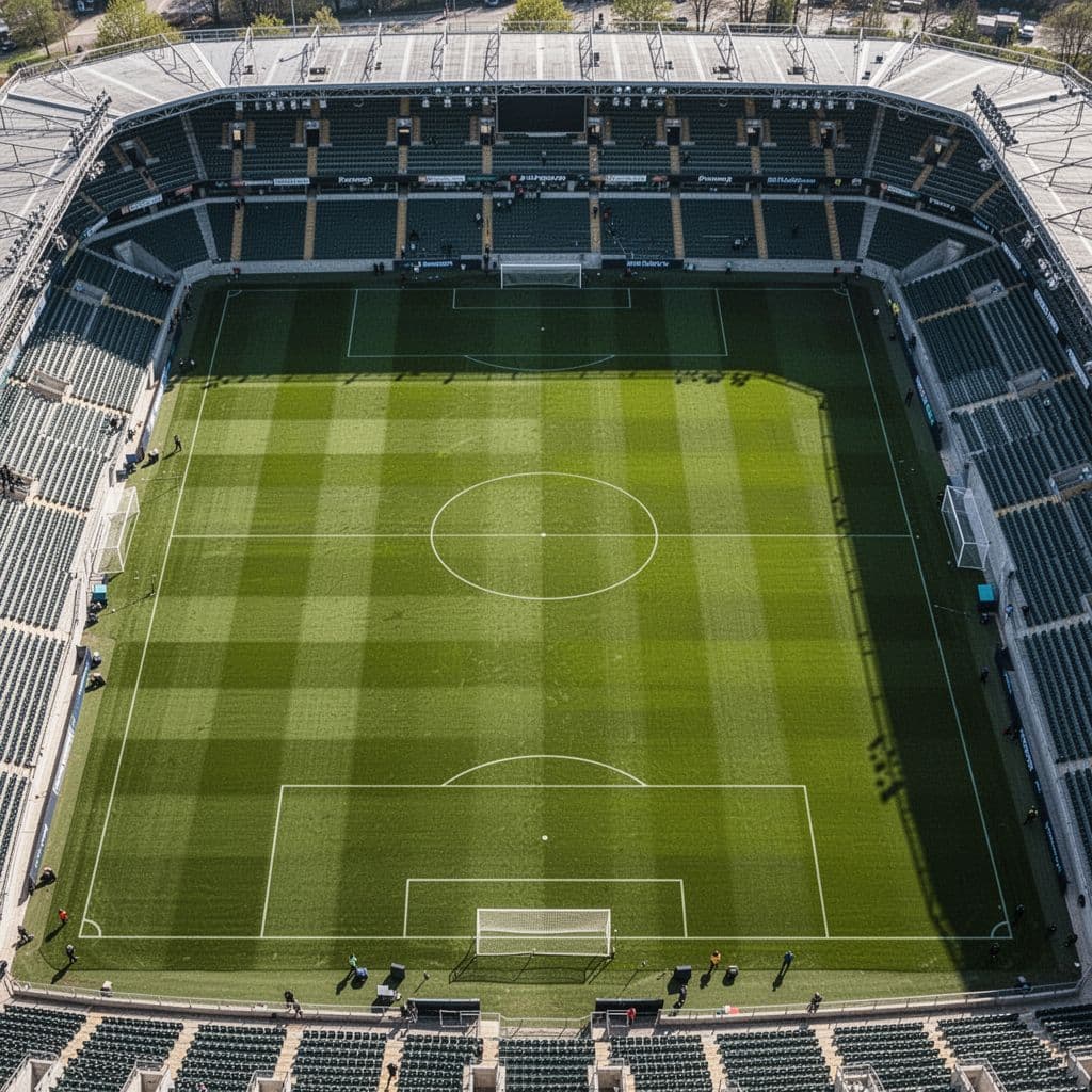 An aerial perspective of an empty professional soccer stadium featuring a perfectly manicured green pitch.