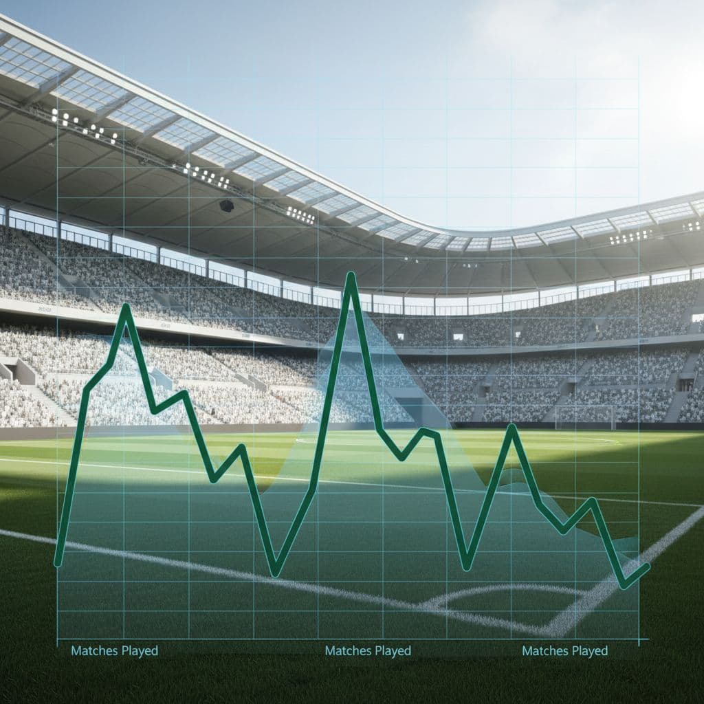 A line graph showing football team performance fluctuations against a modern stadium background.