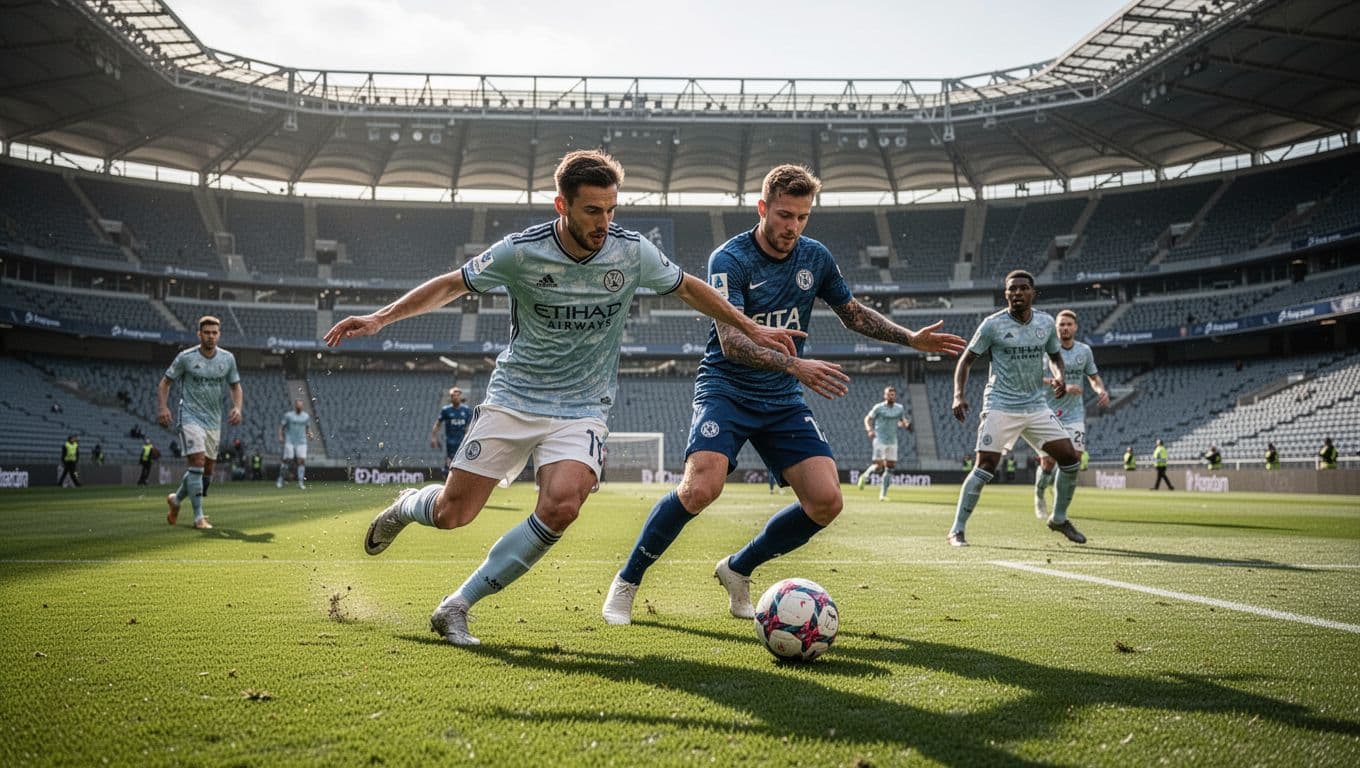 Dua pemain sepak bola profesional bersaing ketat memperebutkan bola di atas rumput lapangan hijau. Latar belakang stadion besar yang megah menambah kesan dramatis pada aksi olahraga yang sangat energik dan kompetitif ini.