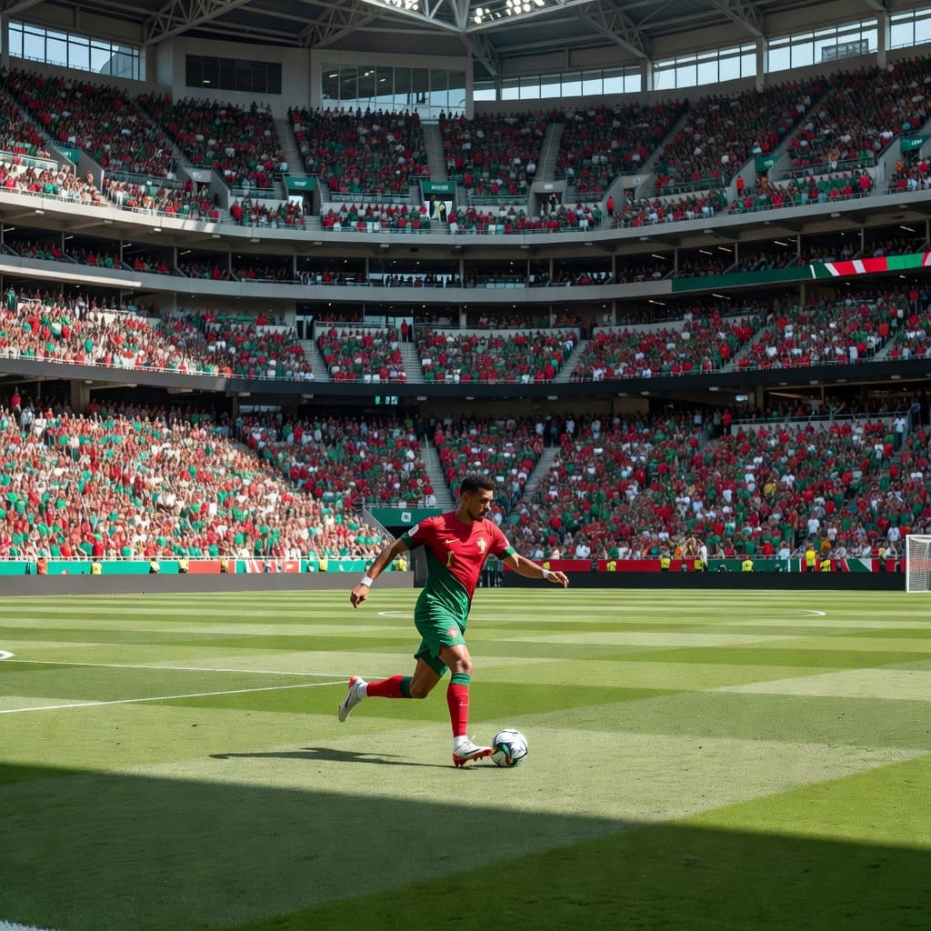 Seorang atlet sepak bola mengenakan jersey merah Portugal sedang menggiring bola melintasi lapangan hijau di stadion megah. Latar belakang stadion modern dipenuhi oleh ribuan penonton yang menciptakan suasana pertandingan yang sangat intens.