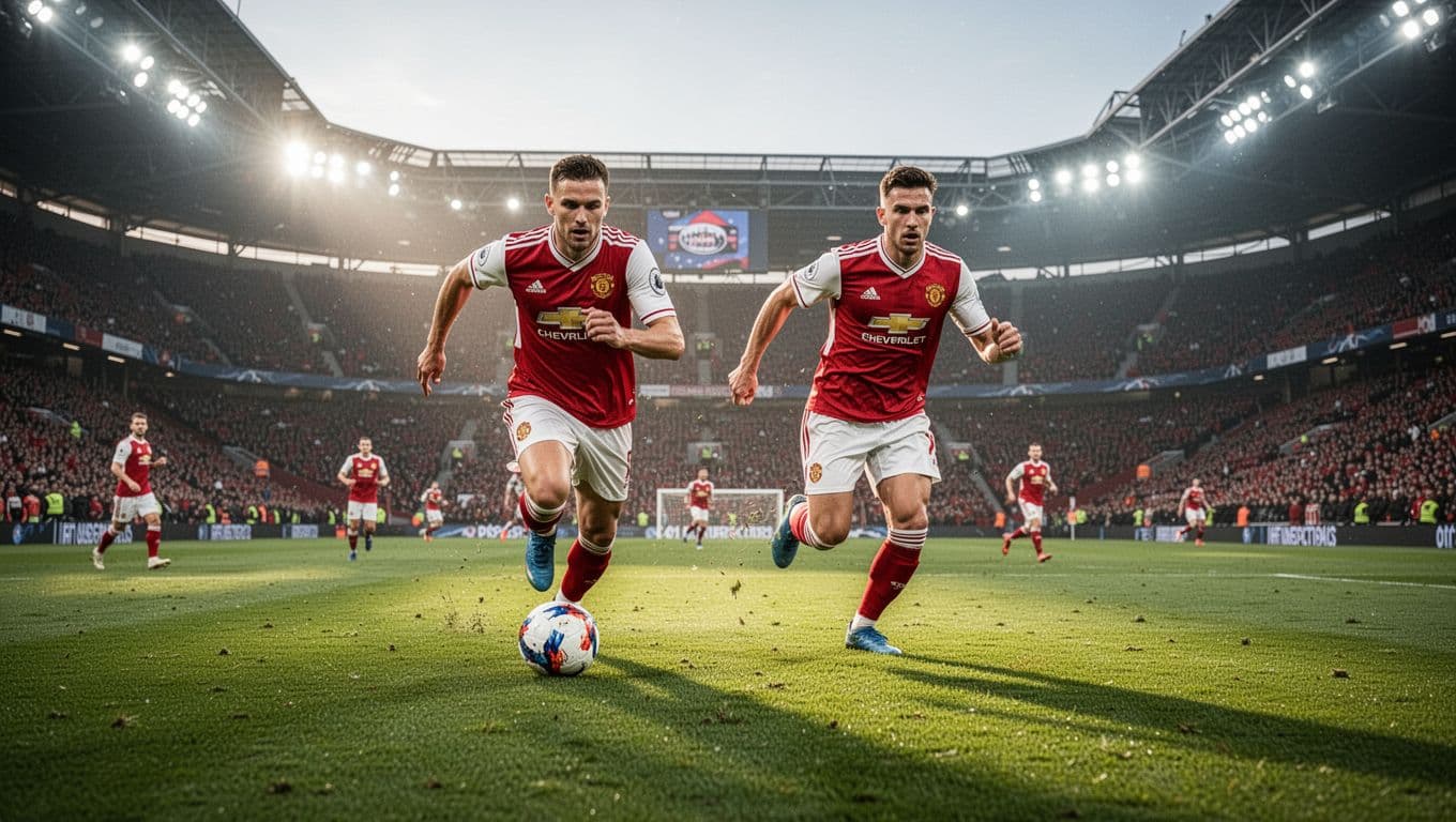 Dua pemain sepak bola dengan jersei merah dan putih berlari mengejar bola di lapangan hijau yang luas. Lampu stadion yang terang benderang menerangi area permainan saat pertandingan berlangsung dengan intensitas tinggi.