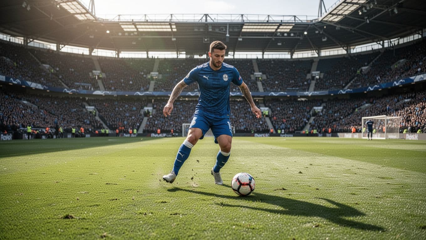 Seorang atlet sepak bola berlari cepat sambil menggiring bola di atas rumput hijau lapangan stadion. Cahaya matahari terang menyinari aksinya saat ia fokus membawa bola melewati area permainan yang terbuka.