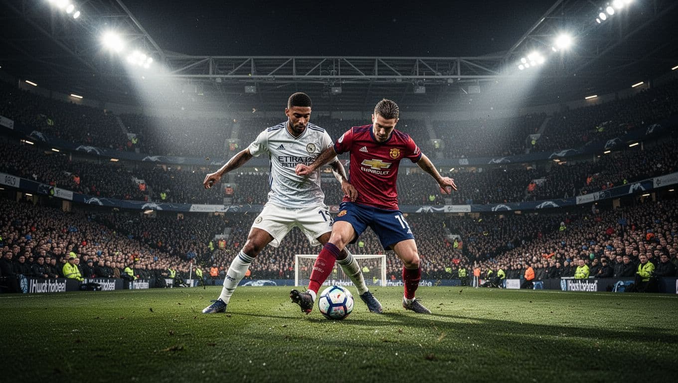 Dua pesepak bola profesional saling berebut bola di tengah lapangan stadion yang megah. Penonton yang memadati tribun menciptakan atmosfer intens di bawah sorotan lampu stadion yang dramatis dan penuh energi.