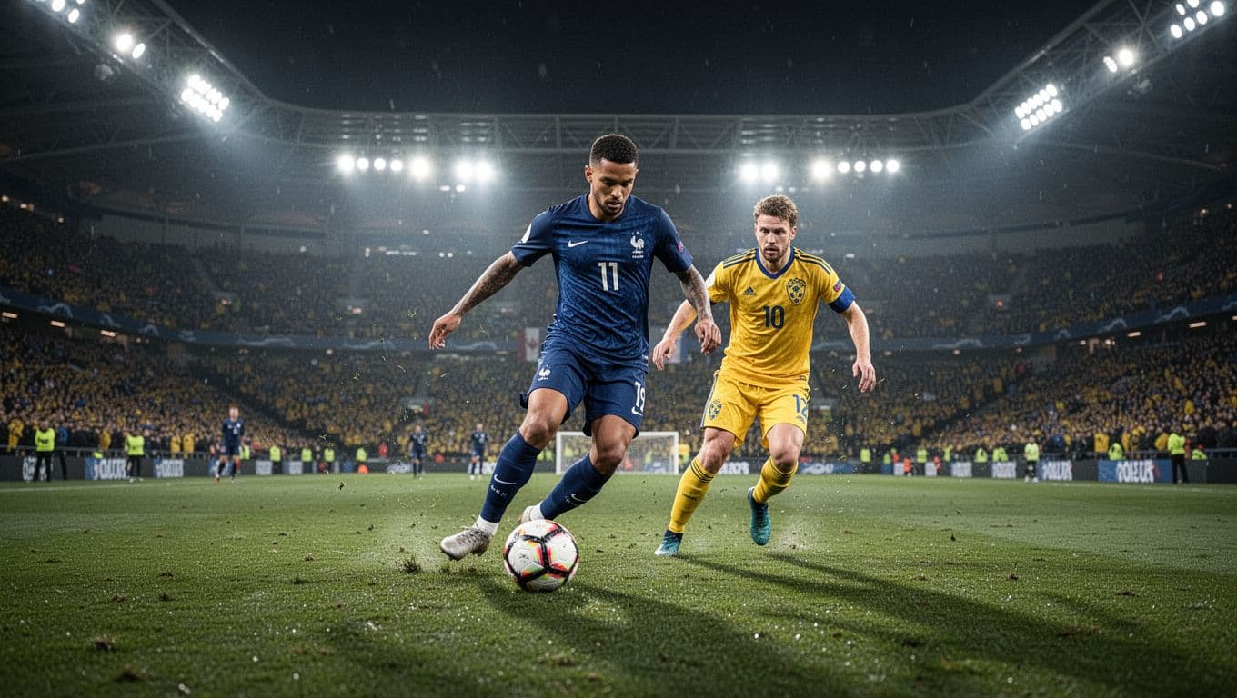 Seorang atlet sepak bola Prancis berseragam biru menggiring bola melewati pemain bertahan Swedia berkostum kuning di tengah lapangan. Lampu stadion yang terang benderang menyinari aksi sengit kedua tim tersebut di malam hari.
