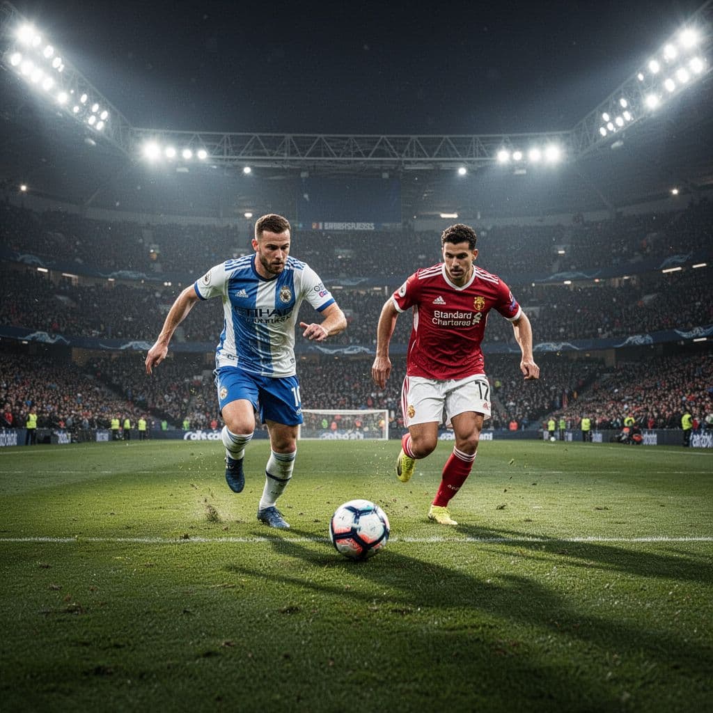 Dua pemain sepak bola dengan jersey berbeda sedang memperebutkan bola di atas rumput hijau yang terawat. Lampu stadion yang terang menyinari lapangan sementara penonton di latar belakang tampak buram penuh semangat.