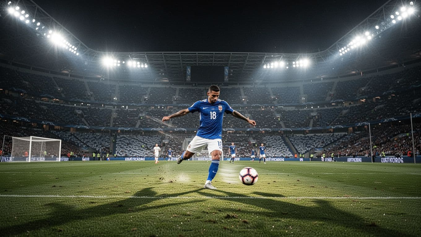 Pemain timnas Cabo Verde mengenakan seragam biru melakukan tendangan bola dengan teknik tinggi. Fokus terlihat pada gerakan dinamis atlet tersebut di tengah lapangan stadion besar saat laga malam hari berlangsung.