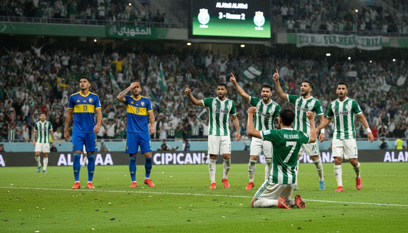 Al Ahli players celebrate third goal for 3-2 victory over tense Al Nassr in packed night-lit stadium.