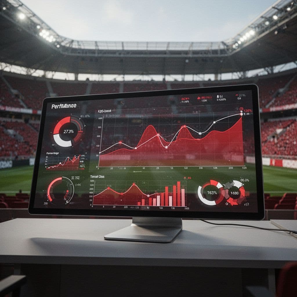 A digital dashboard displays red and white football data visualizations against an out-of-focus stadium background.