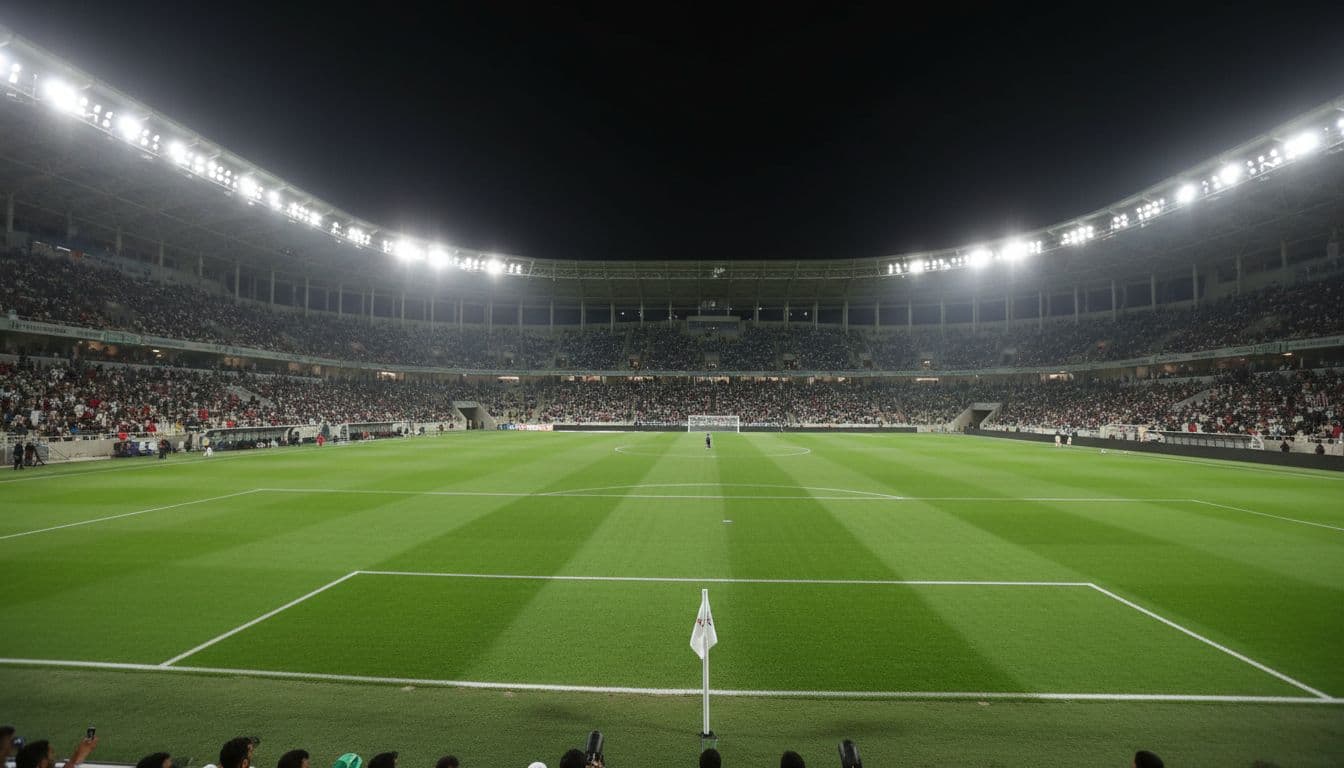 Night landscape view of Al-Awwal Park Stadium in Riyadh, stands filling with fans, bright floodlights on before soccer match.