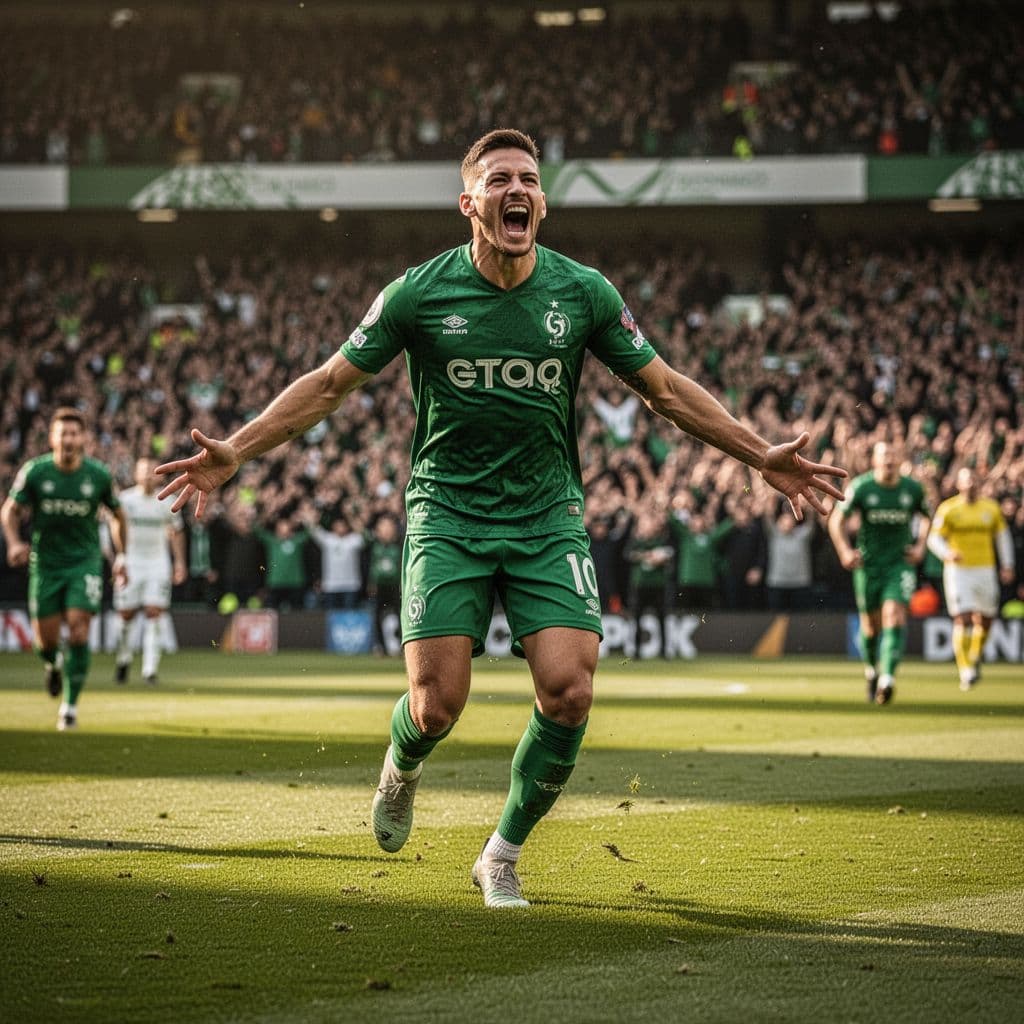 Players in green jerseys celebrate a goal on green field with packed stadium cheering.