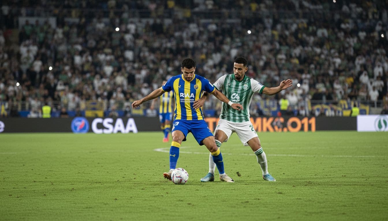 Al Nassr midfielder controls ball in midfield as Al Ahli defender presses under night lights at Al-Awwal Park.
