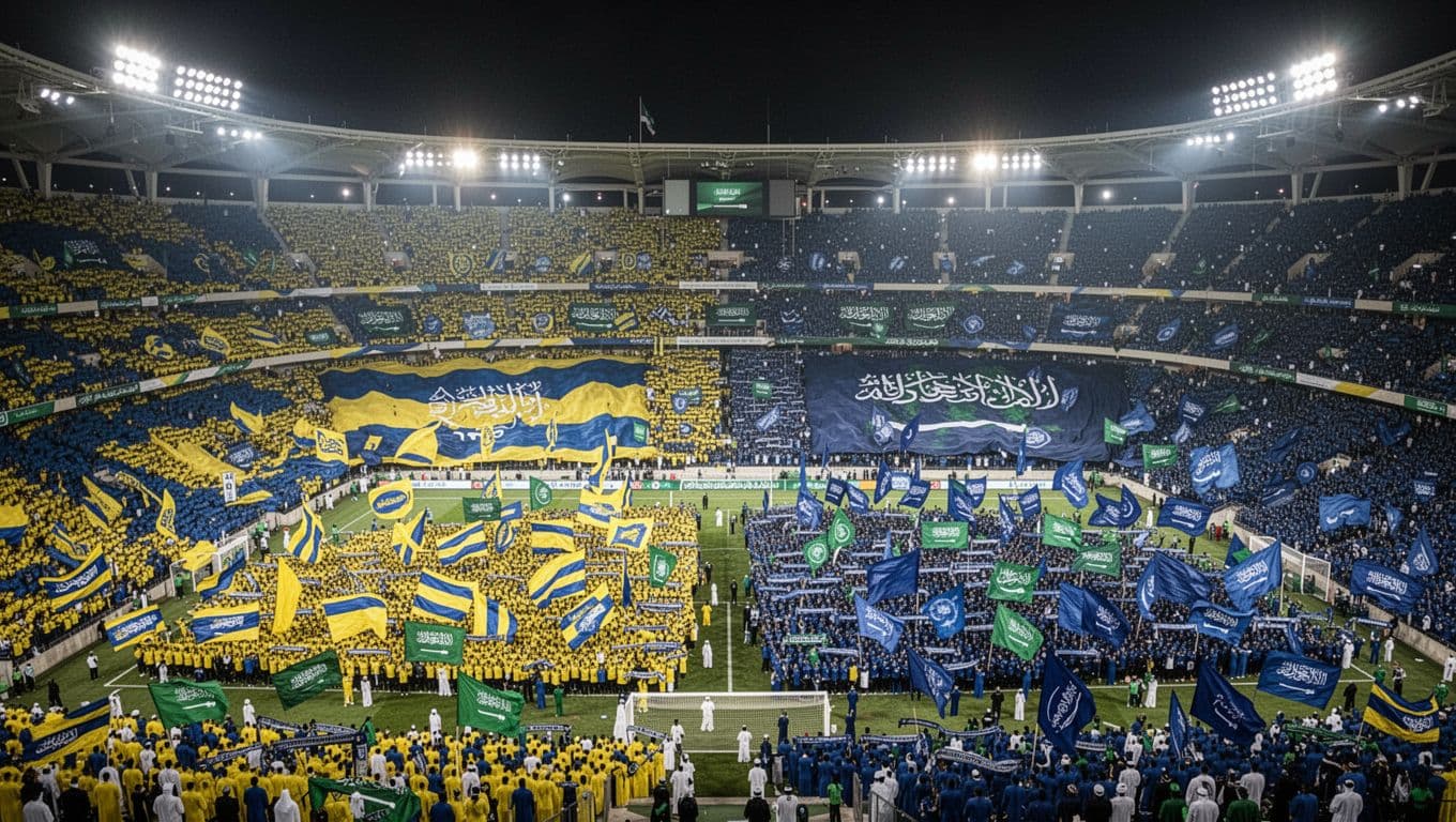 Wide aerial view of packed Saudi stadium split between yellow-blue Al Nassr fans and blue Al Hilal fans waving flags and scarves under night lights.