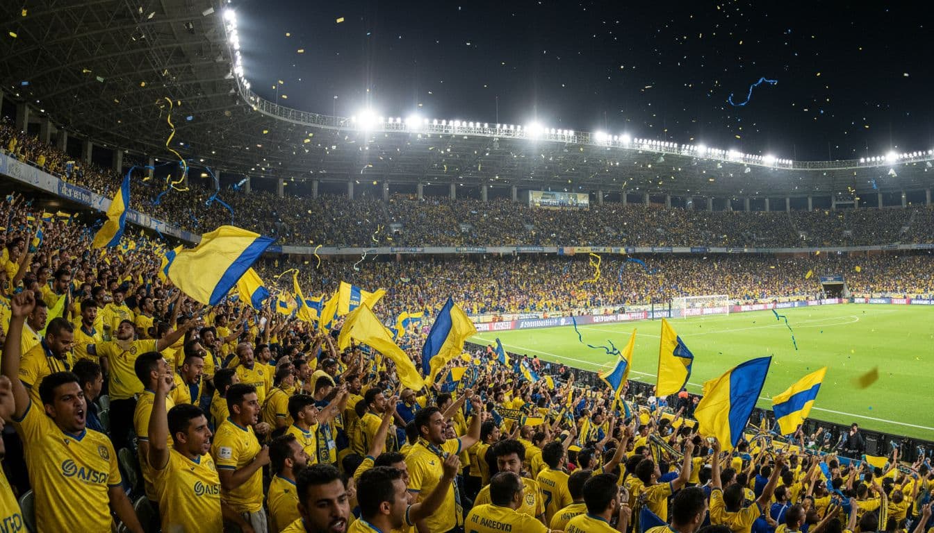 Crowded Al-Awwal Park stadium at night with Al Nassr fans in yellow jerseys cheering with flags and banners.