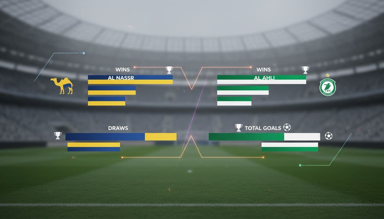 Bar charts display wins, draws, losses, and goals for Al Nassr vs Al Ahli on neutral stadium background with soccer ball and trophy icons.
